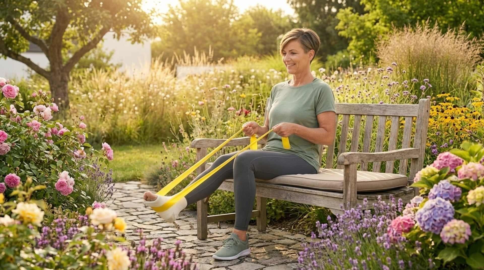 Usmievavá žena v zrelom veku sedí na lavičke v rozkvitnutej záhrade a pomocou žltej gumy rehabilituje nohu v sadre po zlomenine alebo operácii.