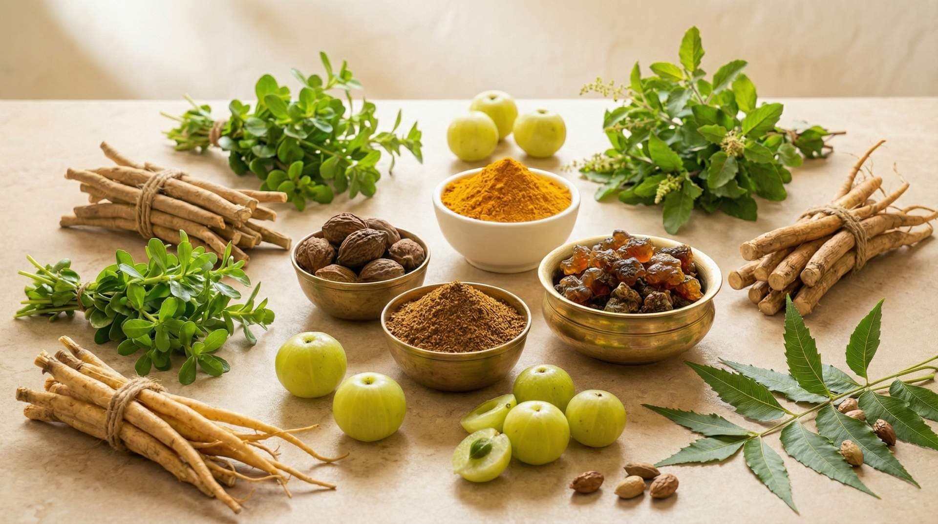 Usporiadanie kľúčových ajurvédskych bylín a ingrediencií: mletá kurkuma, koreň ashwagandhy, plody amly, listy tulsi, brahmi a neemu, živica guggulu a sušené plody triphaly na svetlom pozadí.