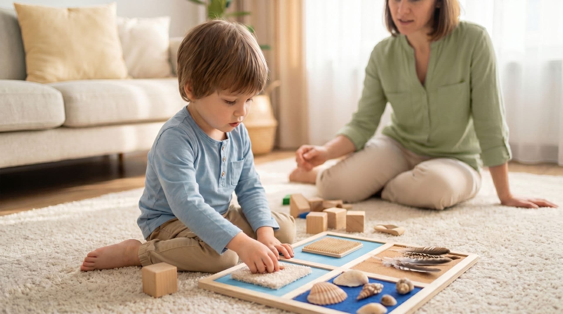 Dieťa s autizmom sedí na koberci a sústredene skúma rôzne textúry na senzorickej tabuli, kým v pozadí dohliada dospelá osoba v pokojnom a svetlom interiéri.