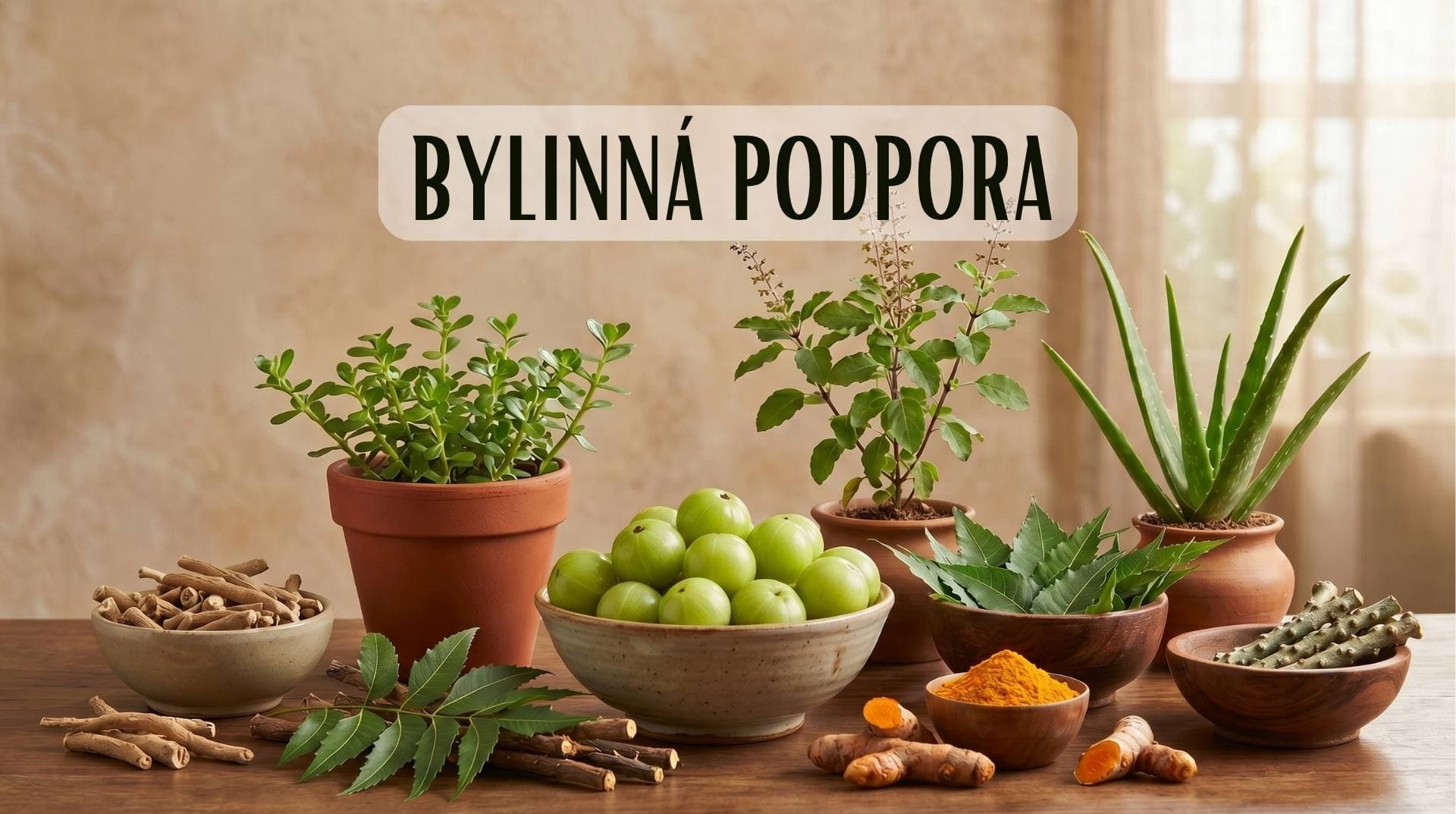 Zostava ajurvédskych liečivých rastlín vrátane plodov Amalaki, koreňa Ashwagandha, kurkumy a čerstvých rastlín Tulsi a Neem na drevenom stole, doplnená textom Bylinná podpora.