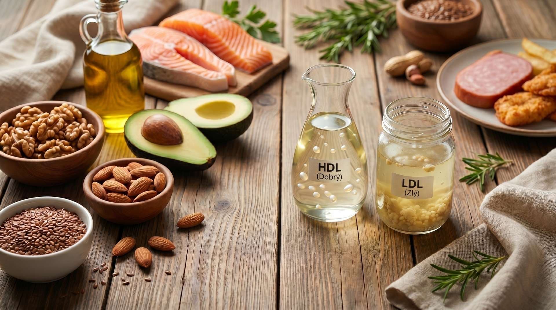 Zostava potravín ovplyvňujúcich hladinu cholesterolu: vľavo zdravé tuky ako avokádo, losos a orechy (HDL), vpravo spracované mäso a vyprážané jedlá (LDL), v strede vizuálne porovnanie čistého a zaneseného cholesterolu v nádobách.