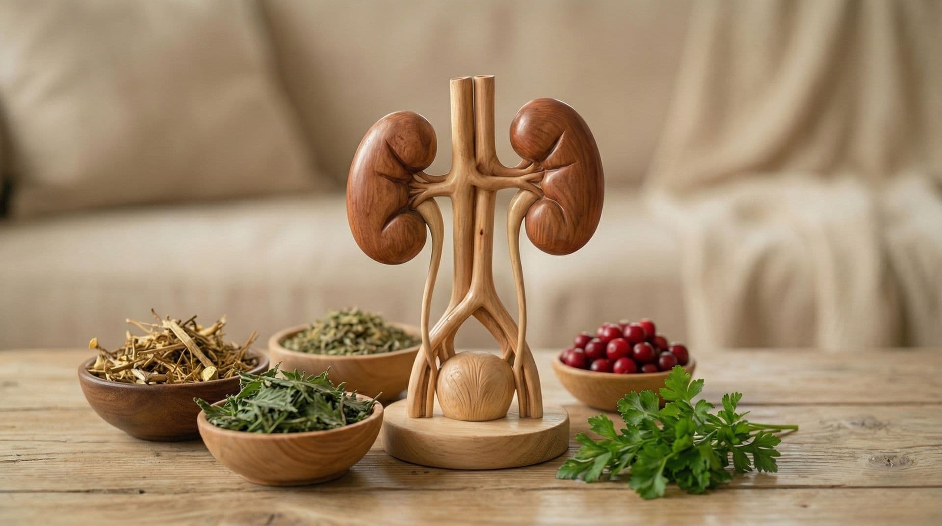 Drevený anatomický model obličiek a močových ciest na stole, obklopený miskami s liečivými bylinami, sušenými koreňmi a červenými bobuľami, symbolizujúci ajurvédsku terapiu obličkových kameňov.