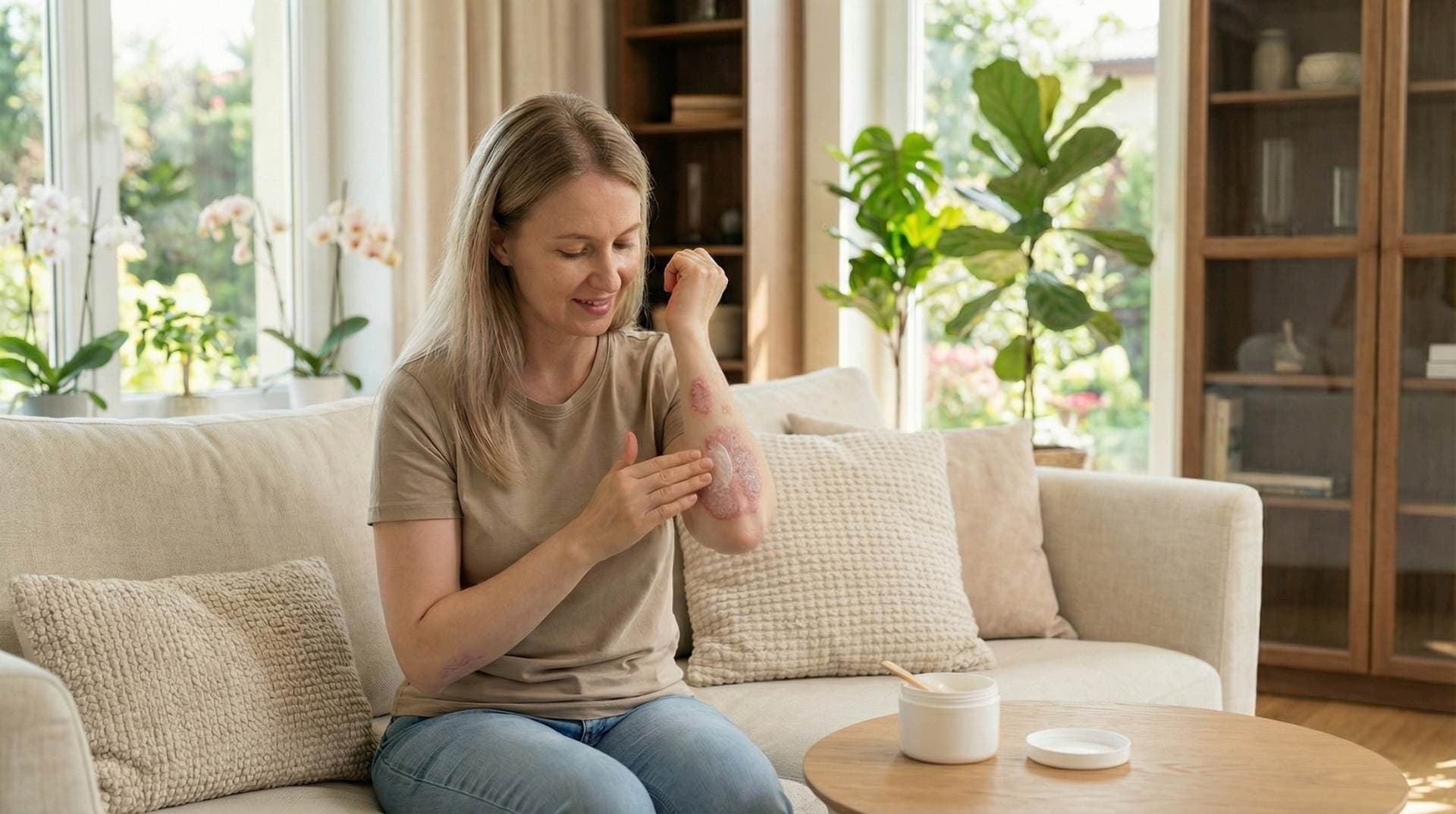 Mladá žena si v domácom prostredí nanáša biely bylinný krém na červené šupinaté ložisko psoriázy na predlaktí, v popredí na stole je otvorená dóza s masťou.