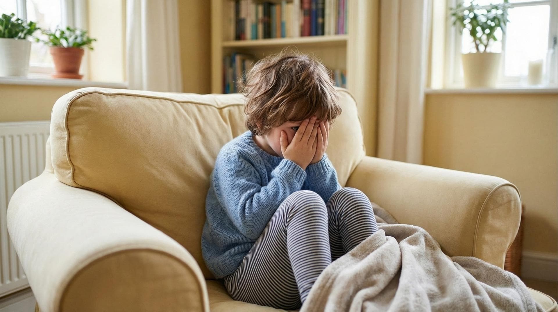 Malé dieťa schúlené na béžovej pohovke, zakrývajúce si tvár rukami, čo znázorňuje pocity úzkosti, strachu a potrebu emočného bezpečia v domácom prostredí.